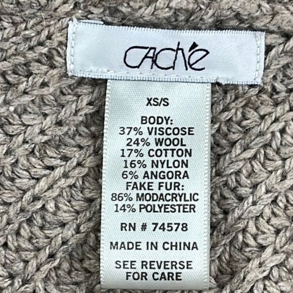 Vtg Cache Shawl Cable Knit Faux Fur Taupe Wool Angora Size XS/S poncho - Picture 8 of 12